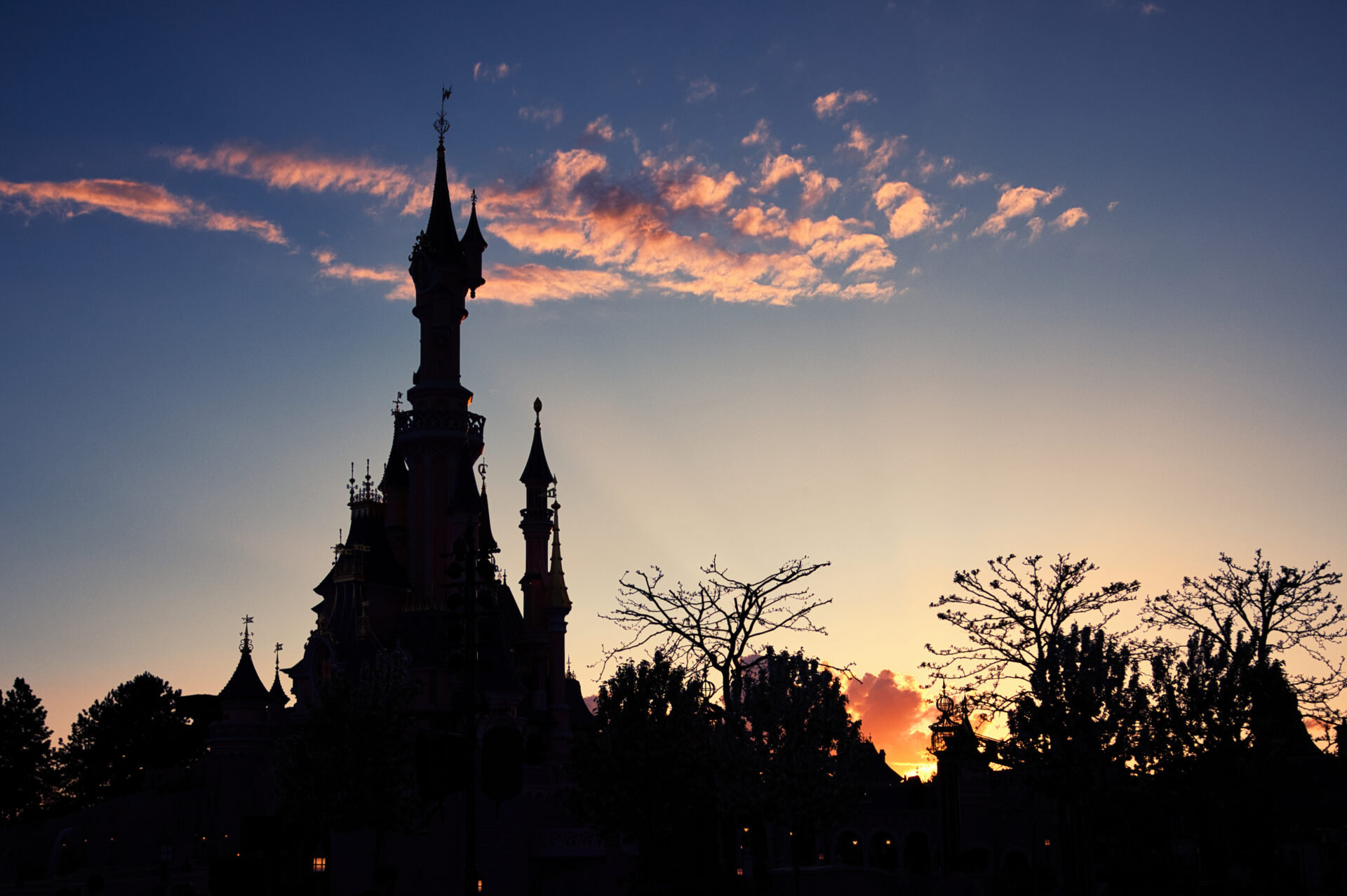 Disneyland Paris Sleeping Beauty Castle Pink Fairy Tale gold Sunset